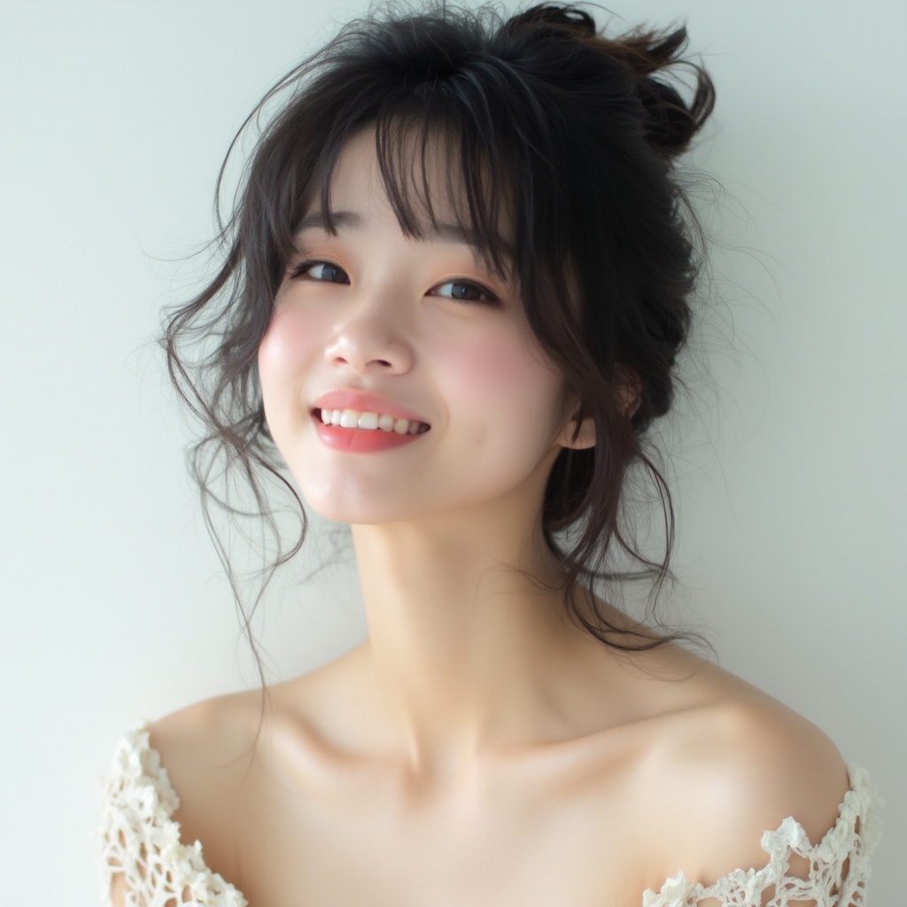 AI generated image by FLUX-Realism-Lora: A dmessy hair Japanese young model is posing for a bust-up portrait in a studio with a plain white background, soft and even lighting, with a gentle and noticeable smile, high resolution, professional studio setup, 35mm film,