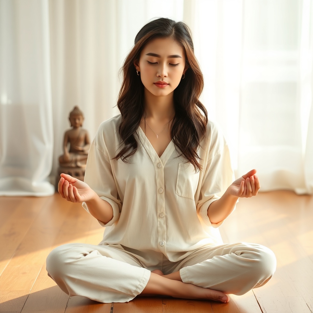 AI generated image by FLUX.1-schnell: Portrait of a beautiful 23-year-old Vietnamese woman in meditation pose on wooden floor, soft natural lighting through sheer curtains, wearing simple linen clothing in cream or white, eyes gently closed with peaceful expression, hands in mudra position, small Buddha statue or incense in background, minimalist zen space with natural elements, warm and calming color tones, focus on inner peace and self-love, professional portrait photography, conveying wisdom and spiritual strength