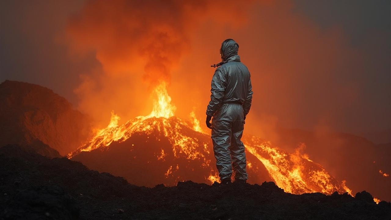 AI generated image by FLUX-Realism-Lora: Photography of a volcanologist inside a volcano wearing a silver fire proximity suit, extremely wide full body shot. Photorealistic, real Photo, movie frame. Photorealistic, real Photo, movie frame.
