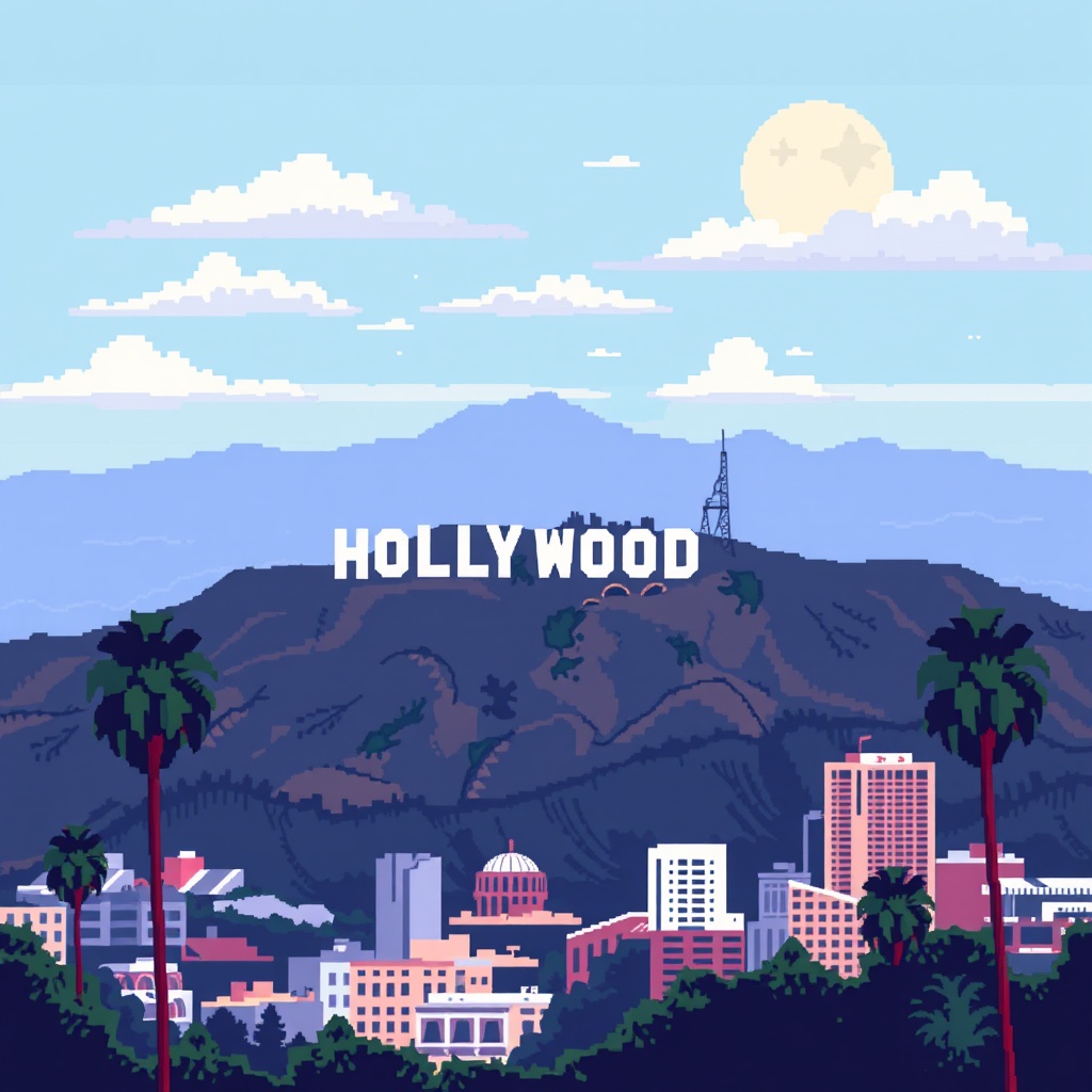 AI generated image by FLUX.1-schnell: Pixel art Los Angeles featuring its iconic elements like the Hollywood sign, palm trees, and downtown skyline. Sign must be on the mountain
