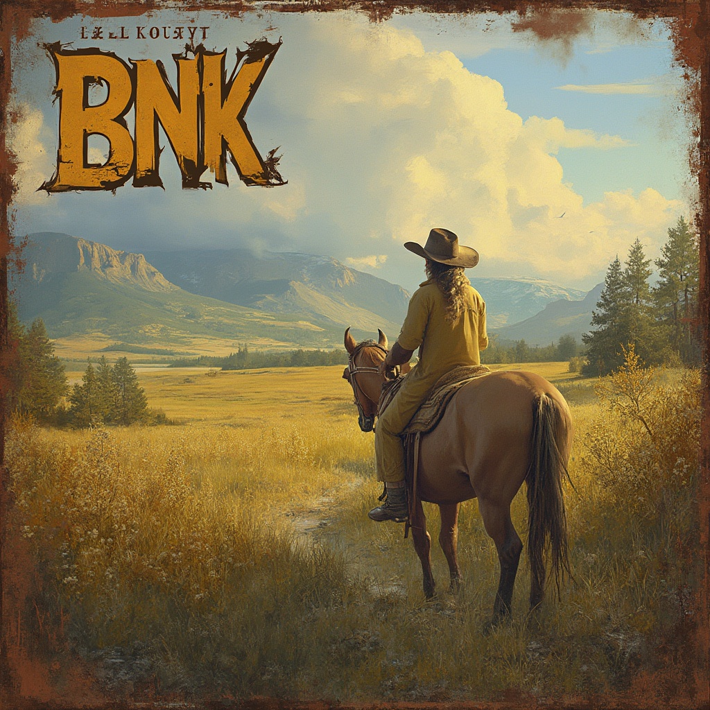 AI generated image by FLUX-Realism-Lora: Create an Album Cover with the song title and band name on the cover: Band name is BNK. Country-Rock band. Song title is Countrified. The song is about the singer's love of growing up in the country, the open land, rivers, streams, lakes, mountain views...