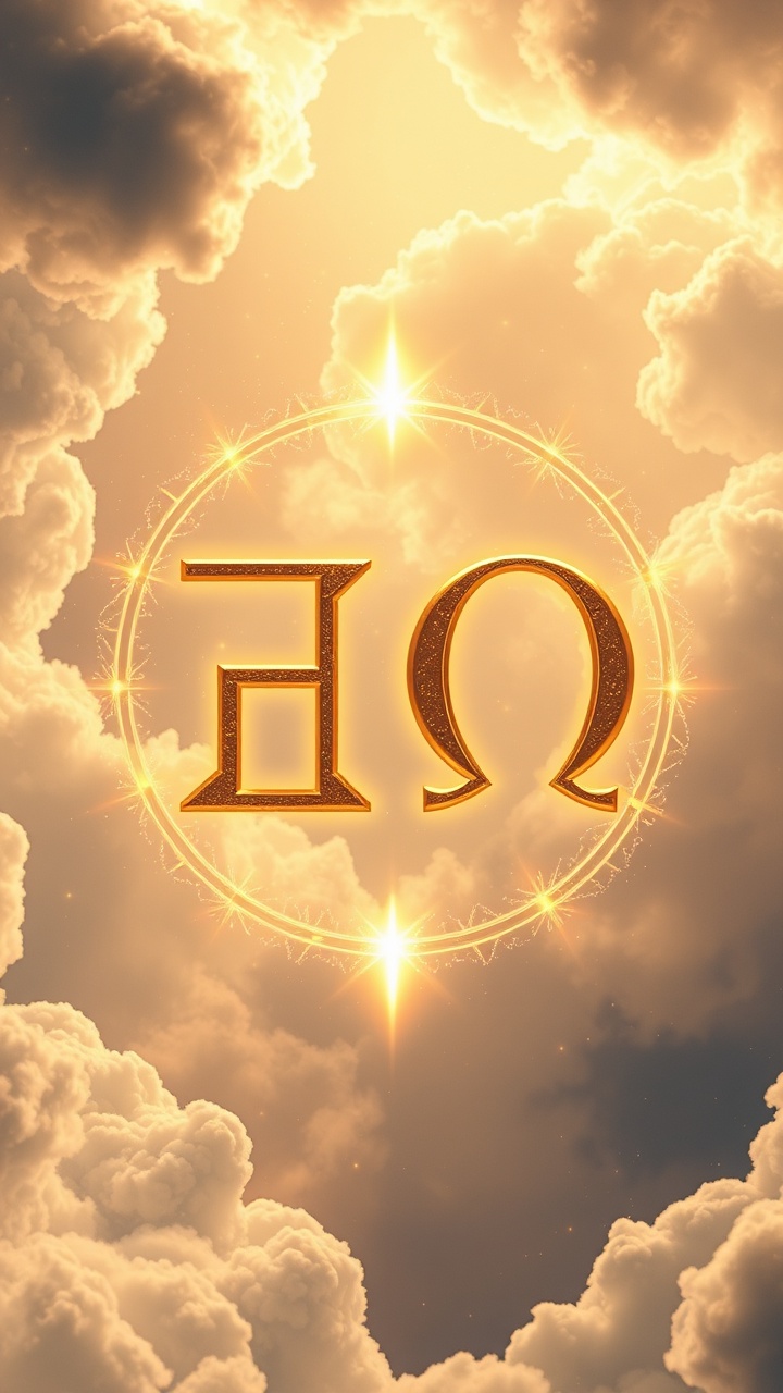 AI generated image by FLUX.1-schnell: "El Alfa y la Omega" – Un diseño celestial con las letras griegas "Α" y "Ω" flotando en el cielo, rodeadas de luz dorada y un aura de eternidad.