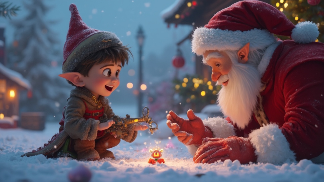 AI generated image by FLUX-Realism-Lora: An elf showing a happy child playing with a magical toy in a snowy village, Santa Claus explaining the importance of their work, Pixar 3D style, inspiring and joyful atmospher