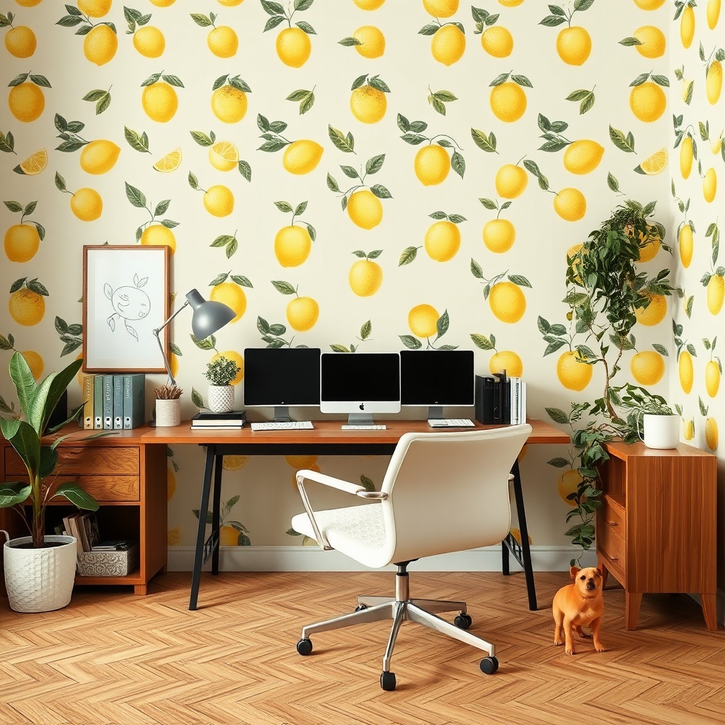 AI generated image by FLUX.1-schnell: A realistic photo of a home office with minimal happy lemon wallpaper