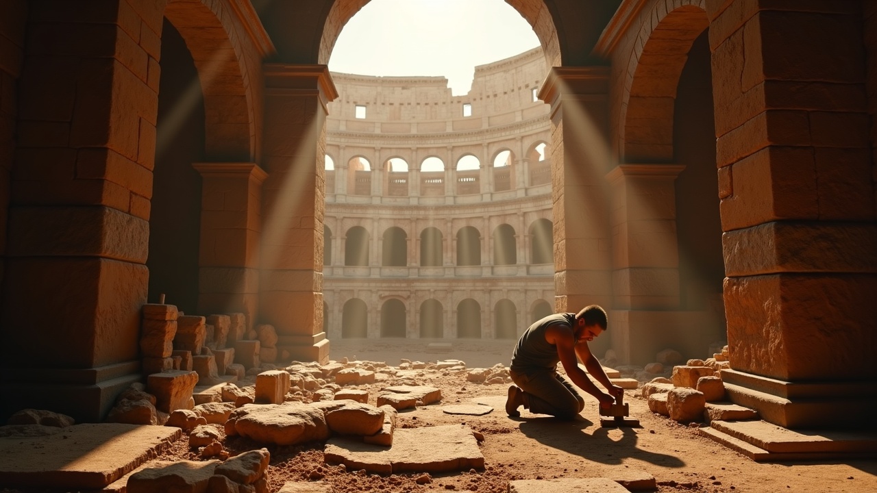 AI generated image by FLUX.1: Ancient Rome, Colosseum interior, workers chiseling stone with hammers, cinematic lighting, epic atmosphere, dramatic shadows, wide-angle view, high detail, realistic textures, warm sunlight streaming through arches, cinematic composition, depth of field, film-style grading