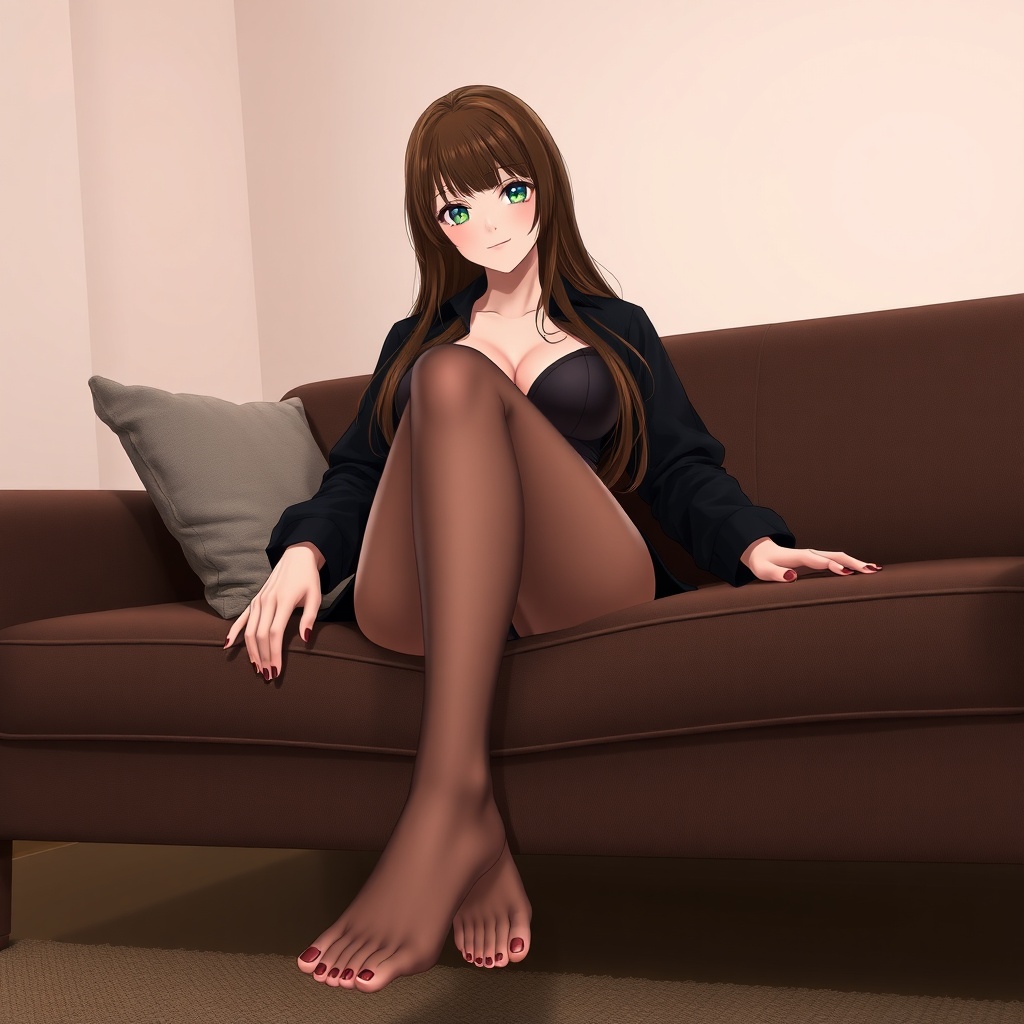 AI generated image by FLUX.1-schnell: 1girl, solo, sitting on couch, long brown hair, black shirt, black bra, large breasts, pantyhose, see-through legwear, cleavage, legs, feet, soles, toes, foot focus, no shoes, indoors, seductive pose, soft lighting, ultra-detailed, masterpiece, high quality