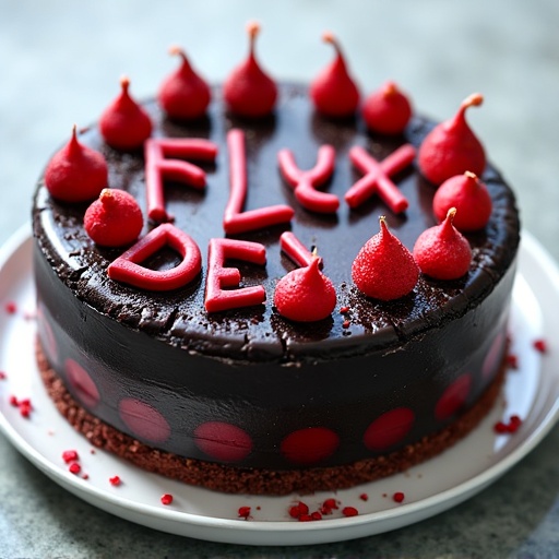 AI generated image by FLUX.1-image-to-image: black forest gateau cake spelling out the words "FLUX DEV", tasty, food photography, dynamic shot