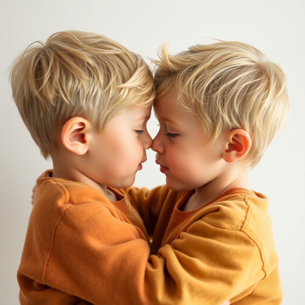 AI generated image by FLUX.1-schnell: deux garçons blonds de huit ans face à face et s'embrassant sur la bouche