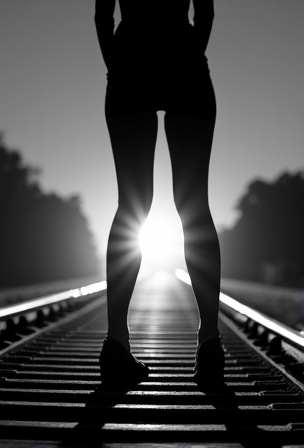 AI generated image by FLUX.1-image-to-image: The bnw silhouette of a woman's wide spreaded legs stands on railroad tracks. A train spotlight from the background shines between her legs.