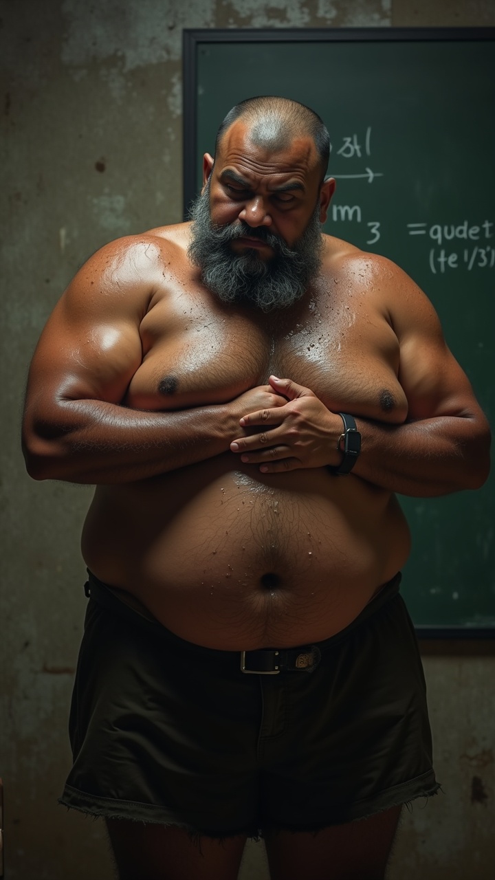 AI generated image by FLUX.1: Danny who is a big pot bellied, obese, dark skinned, hairy, grey haired, lustful, macho, matured hairy dark Tamil alpha male math teacher with thick eyebrows, full plump lips, thick beard and very big beefy and muscular chests is holding Tommy, a stocky student. Danny and Tommy are having a secret affair after class. Both Danny and Tommy are completely naked without clothes on and wet all over. Tommy is caressing Danny's masculine, hairy, big, fat, dark skinned pot round belly with a big belly button. Danny's dark skinned big hairy belly has a big round belly button that is deep. Danny also has fat beefy thighs and big feet. Danny is hugging Tommy very close with both his big strong arms and is spitting a lot of wet strands of saliva with in Tommy's wide open mouth who is sticking his tongue out for Danny. The saliva runs down all over Danny's beard, his big hairy belly, thick thighs and his thick feet. Danny has a thick, erect penis with low hanging scrotum which is drenched in saliva.