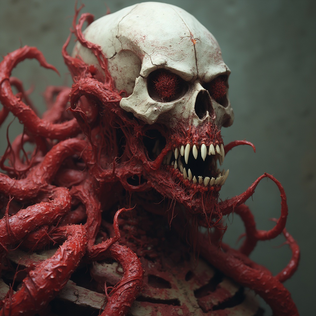 AI generated image by FLUX-Realism-Lora: It is a being with a skeleton face with large red teeth and its muscles like red tentacles that are all over its body.