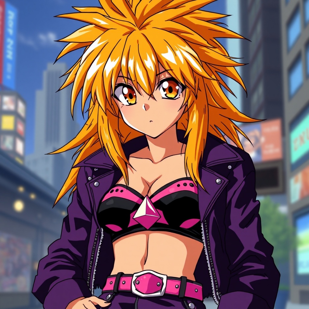 AI generated image by FLUX.1-schnell: Anime art by Kazuki Takahashi, as gaogaigar character, 1997 anime style tv show screencap screenshot, golden orange eyes, big cartoonish eyes, golden yellow orange fallen grungy messy hair, big lionhair style, long messy spiky hair fringe bangs, tanned skin, purple black leather jacket, purple black leather pants, studded pink belt, black sport bra with pink and white designs, fit attractive femenine body with few muscular abs, woman, pink gem navel piercing, big femenine chest, city background, talking to you