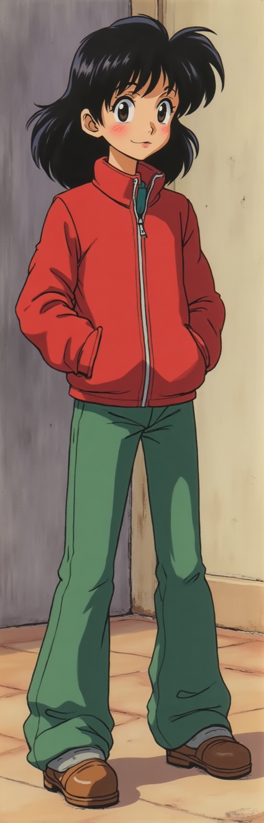 AI generated image by FLUX.1-image-to-image: 1989 vintage TV anime capture, traditional hand-drawn cel animation. Art by Atsuko Nakajima. Koharu with voluminous 80s hair, red jacket, green pants. Visuals: Extremely desaturated and washed-out colors, pale pastel palette, matte finish. Background: soft watercolor wash. Technical: Heavy VHS grain, analog noise, blurry 480p quality, hazy atmospheric glow. NO SHARP LINES, NO VIBRANT COLORS, NO DIGITAL ART.
