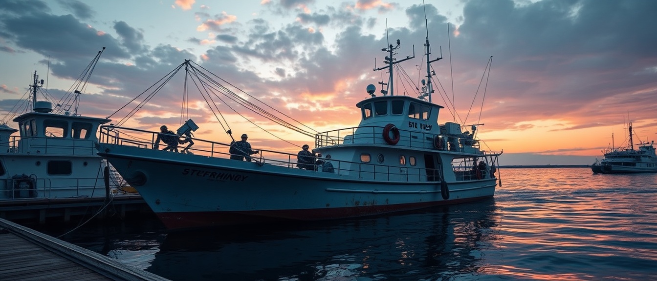 AI generated image by FLUX.1-schnell: Image of a large shrimping boat leaving dock. Boat is being manned by robotic fishermen. Setting is Dockside at sunrise. Realistic details. High saturation of color.