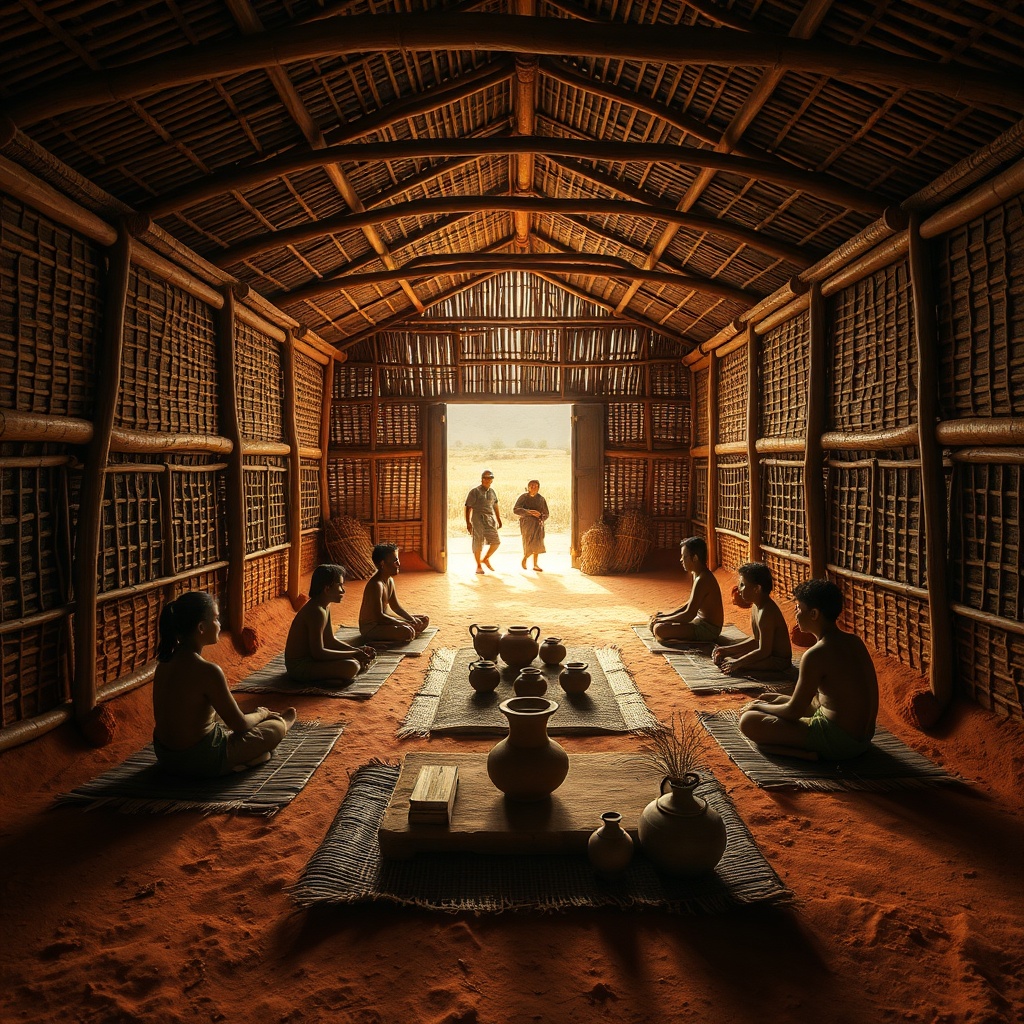 AI generated image by FLUX.1-schnell: First-person vertical wide shot, 9:16 aspect ratio, camera turning from the grain storage to a rectangular Neolithic meeting house, semi-subterranean, walls made of bamboo lattice filled with red clay, parallel wooden beams supporting roof, reddish hardened clay floor, inside several villagers seated on reed mats as if discussing distribution of food, in front a low red-burnt clay platform with pottery vessels and jade ornaments. Background figures carrying rice bundles, sunlight entering from doorway, warm cinematic lighting, historically consistent with Shijiahe culture, IMAX quality. --no modern buildings --no bricks --no tiles