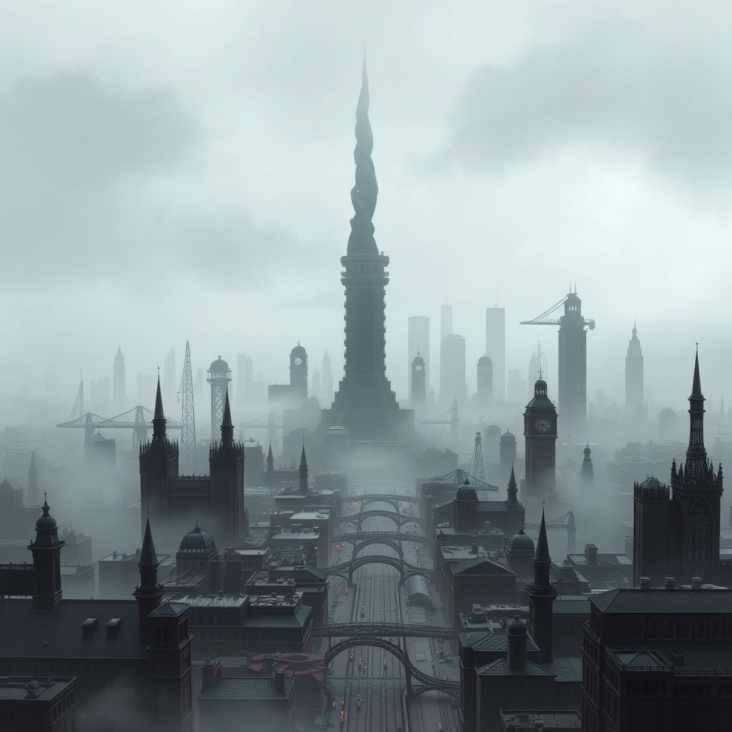 AI generated image by FLUX.1-schnell: As you approach Blackthorn, a sprawling metropolis looms before you, its skyline dominated by the ancient, foreboding spire of Midnight Tower, which rises like a twisted dagger into the fog-choked sky. The air itself is heavy with soot, salt, and a constant, low hum of industry—the grinding gears and hammering metal that define the city’s relentless march toward progress. The city is amedieval fantasy setting.