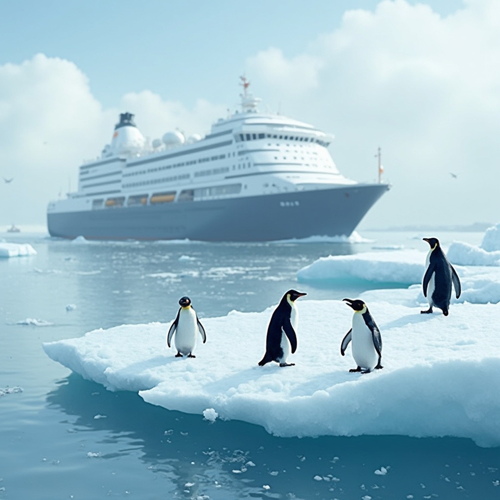 AI generated image by FLUX-Realism-Lora: Arctic photorealistic photo. Ice, penguins on it, a huge ship sailing on the background. Writing on top: "Welcome to Arctica!"
