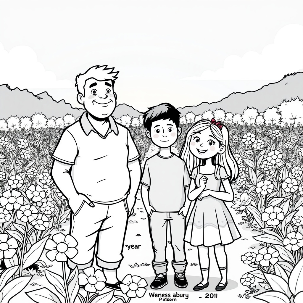 AI generated image by FLUX.1-schnell: cartoon in black and white. 40 year old man, 40 year old woman, teenage boy, and a 8 year old girl, standing in the middle of a flower farm.