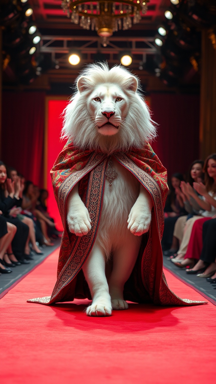 AI generated image by FLUX.1-schnell: Create a high-fashion runway video featuring a majestic white fur cat confidently walking down a red carpet. The lion is draped in a richly detailed, colorful, and ornate fabric that resembles a traditional royal robe. The setting is a grand fashion show with a glamorous and sophisticated audience, complete with bright runway lights, a long catwalk, and enthusiastic spectators clapping on either side. The atmosphere should be luxurious and opulent, capturing the elegance of both the llon and the fashion event.