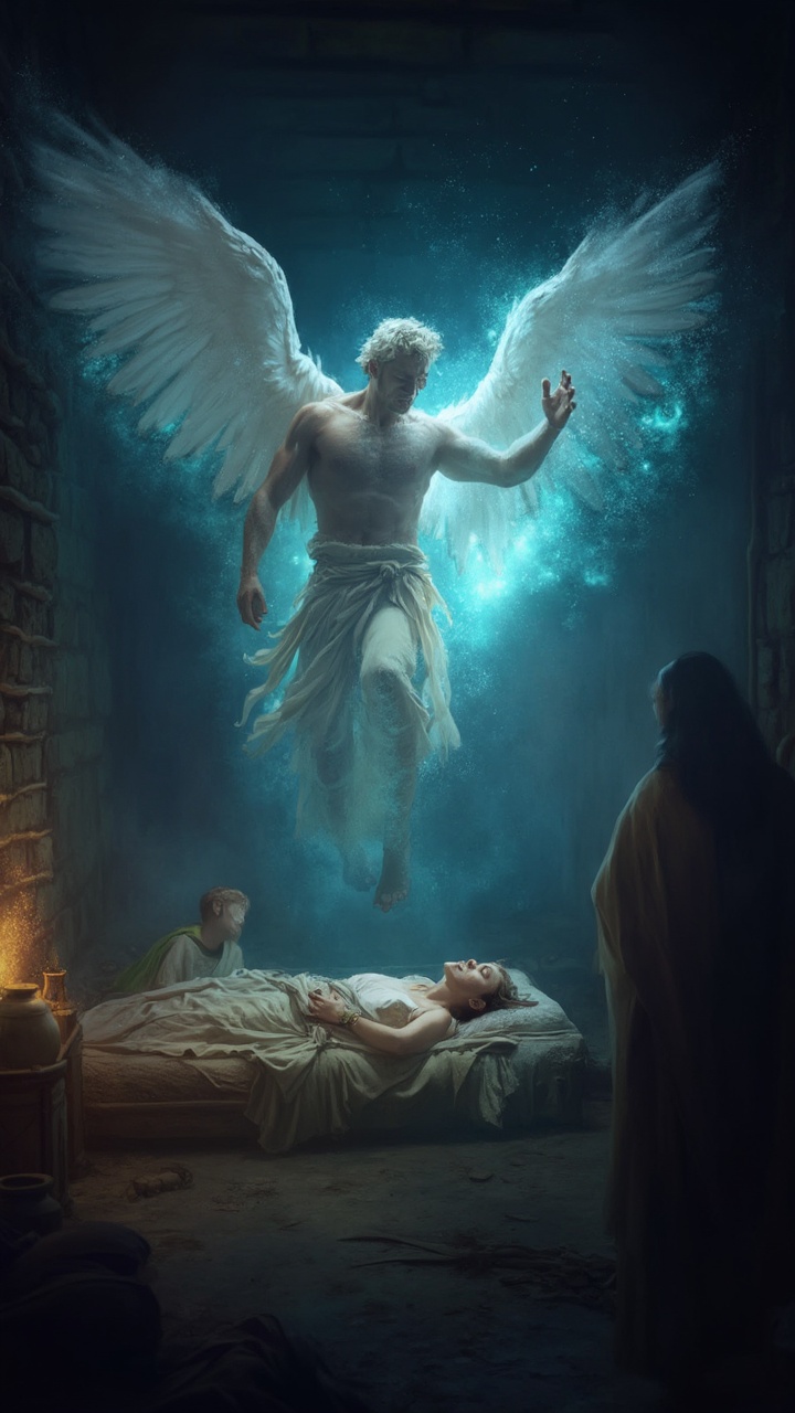 AI generated image by FLUX-Realism-Lora: Es siglo primero año 1 en Jerusalén. Una escena nocturna con José durmiendo en un sencillo lecho con su esposa María dentro de una casa humilde. Un niño duerme en otra cama pequeña. En el cuarto hay una vasija de barro y un tapete Un ángel imponente musculoso y resplandeciente, con cabello y barba blanca y corto, envuelto en una luz amarilla y azul con destellos eléctricos y energía dinámica y celestial, aparece en un sueño. El ángel tiene una expresión serena y firme, mientras extiende una mano hacia José, transmitiendo urgencia pero calma. El fondo es oscuro, excepto por la luz brillante del ángel que ilumina suavemente el rostro de José y el entorno. Se transmite un mensaje de protección y guía divina en medio de un ambiente tenso pero esperanzador. Estilo realista y cinematográfica. 8k. HD