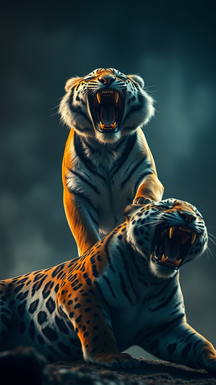 AI generated image by FLUX.1-schnell: hyper-realistic cinematic image of a dominant tiger roaring in triumph, standing atop a defeated jaguar, striped fur glowing with power under dramatic lighting.