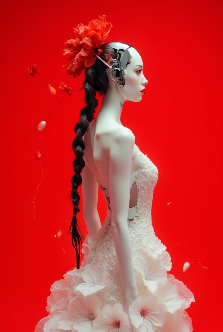 AI generated image by FLUX-Realism-Lora: Ultra luxury Vogue Japan editorial, deep Kenzo scarlet red background, vast negative space, minimalist Japanese aesthetics. A futuristic female humanoid robot shown from behind in an elegant 3/4 pose, head turned over her shoulder. Flawless glossy white porcelain faxe, black chrome nano-mechanical details, dramatic black eyelashes, glossy crimson lips. The poppy braids hang naturally beside the dress and remain clearly visible. She wears an avant-garde Balenciaga-inspired couture gown made of thousands of translucent white poppy petals, sculptural and ethereal. Instead of hair, two impossibly long living poppy stems emerge from the back of her head like luxurious braids. The stems curve gracefully through space and end in two magnificent scarlet red poppies, creating surreal floral twin braids. Only two or three delicate white poppies on ultra-thin white stems surround her. Fine white flowing lines inspired by Japanese calligraphy drift through the composition like wind. Luxury fashion photography, future nature, poetic surrealism, museum-quality art direction, premium beauty lighting, Hasselblad X2D, shallow depth of field, photorealistic materials, Vogue cover quality, masterpiece, ultra detailed.