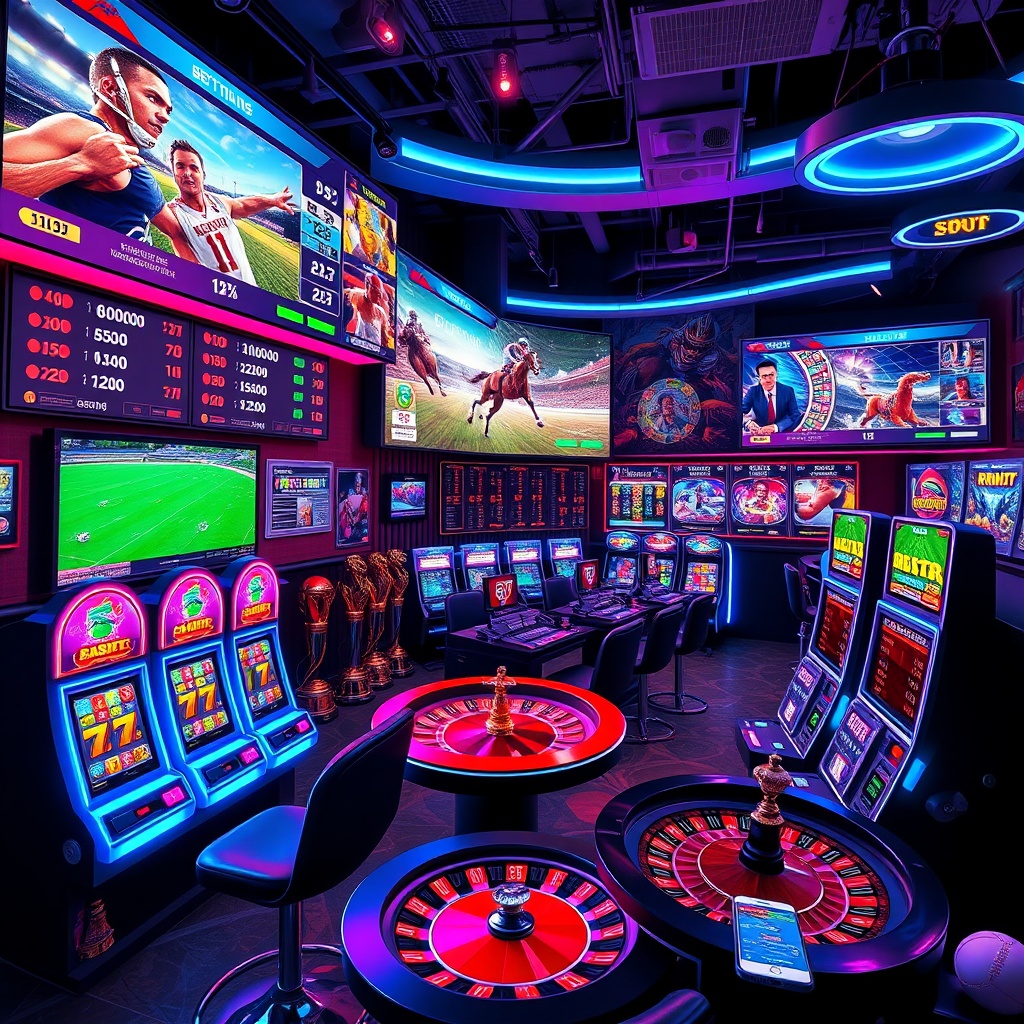 AI generated image by FLUX.1-schnell: A dynamic and energetic scene showcasing the fusion of sports and online casinos. The image features a high-tech sports betting lounge with large digital screens displaying live sports events like football, basketball, and horse racing. Neon-lit betting odds and virtual interfaces overlay the games, creating a futuristic vibe. In the background, slot machines and roulette wheels subtly blend with sports memorabilia like trophies, jerseys, and balls. The atmosphere is vibrant and competitive, highlighting the excitement of combining sports enthusiasm with the thrill of online gambling. Elements of digital currencies and mobile apps add a modern and tech-savvy touch.