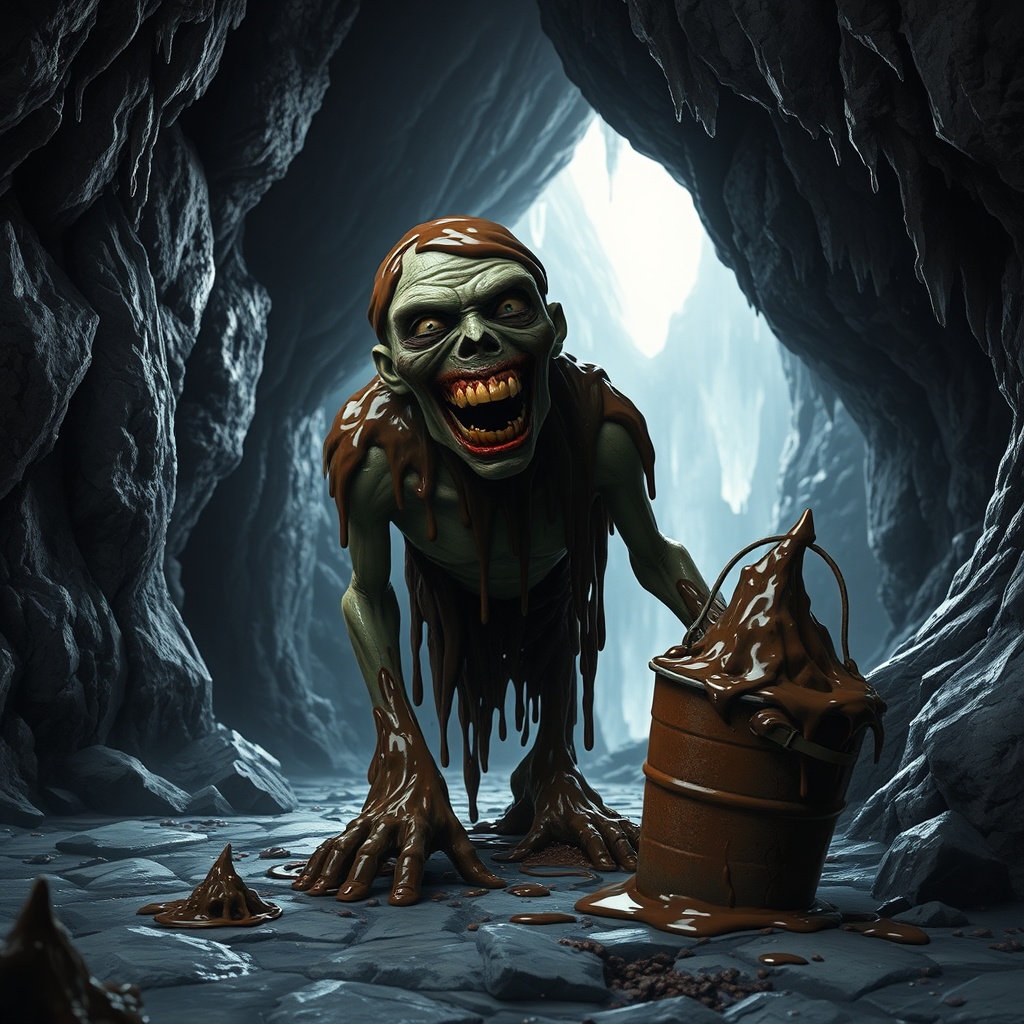 AI generated image by FLUX.1-schnell: A fantasy-style horror-inspired image of a zombie covered in dark brown slime, laughing maniacally with a wide, twisted grin in a dark mountain cave. The zombie's hollow eyes and decayed face exude a menacing joy as it stands next to a smaller, rusty bucket of brown slime on the rough stone floor. The cave features rugged stone walls and icy formations, with dim, eerie light reflecting off the ice, creating a chilling atmosphere. The dark, muted colors add to the unsettling, horror-inspired scene.