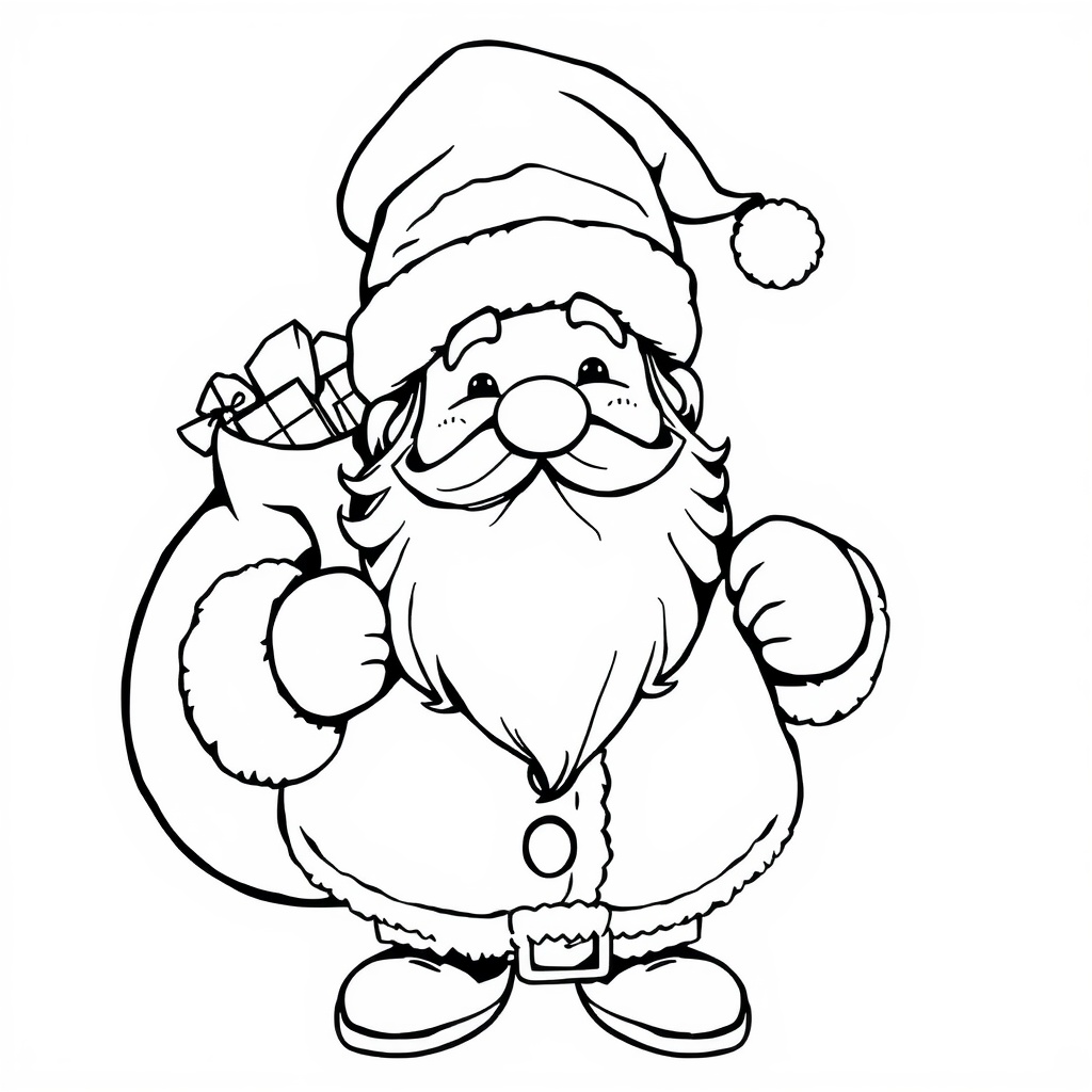 AI generated image by FLUX.1-schnell: Eine schwarz-weiße Umrisszeichnung eines niedlichen Weihnachtsmanns. Er hält einen Sack mit Geschenken über seiner Schulter, trägt eine traditionelle Mütze mit Bommel und hat einen buschigen Bart sowie ein breites Lächeln. Um ihn herum. Das Design ist einfach und leicht für Kinder auszumalen.