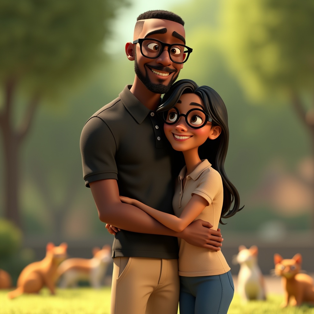 AI generated image by FLUX.1-pro: Pixar-style 3D rendered animated medium shot of a tall young black-skinned man with black glasses, thick eyebrows with a buzz cut hair, beard and mustache, wearing a black polo shirt and beige pants. Hugging him is a small young brown woman smiling with long black hair, thin glasses, wearing a beige polo shirt and blue pants. The background is park with cats