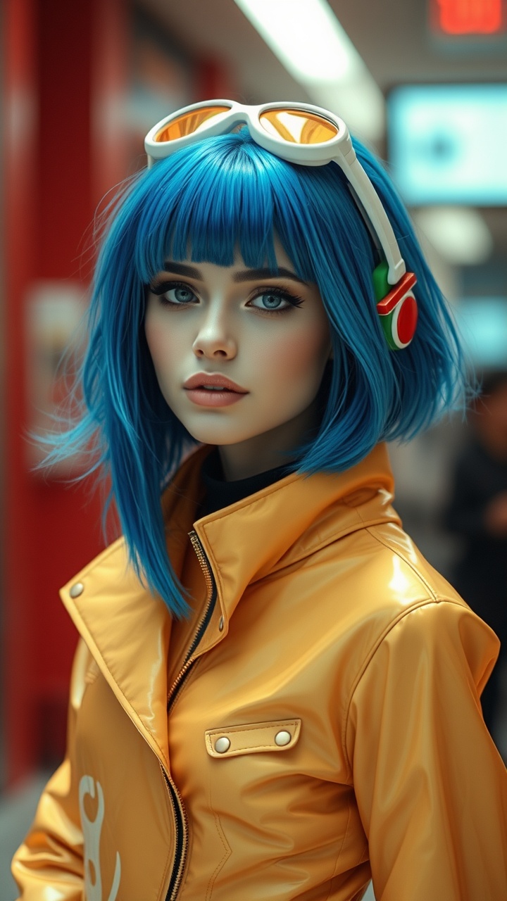 AI generated image by FLUX.1-schnell: chica muy guapa con el pelo azul y vestida con ropa futurista
