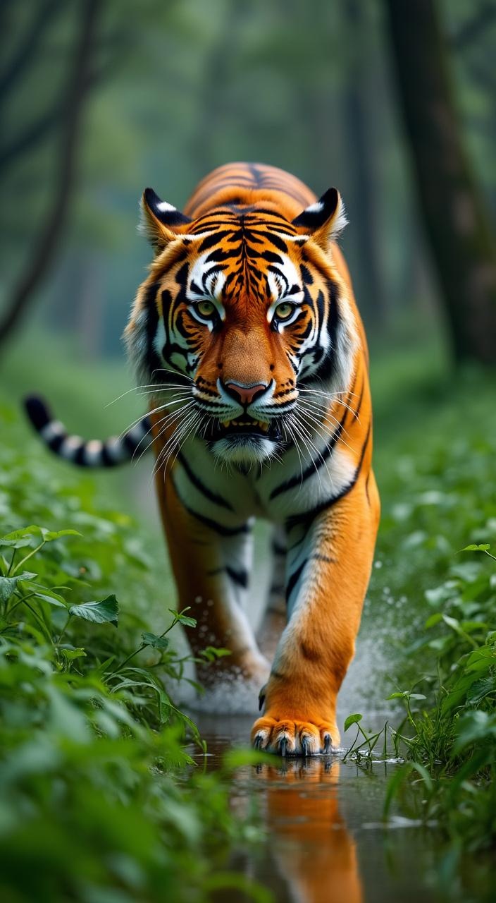 AI generated image by FLUX.1-pro: Tiger walking in river forest, realistic, A tiger prowls gracefully through lush green grass, with its striking orange and black stripes prominent against the natural backdrop,