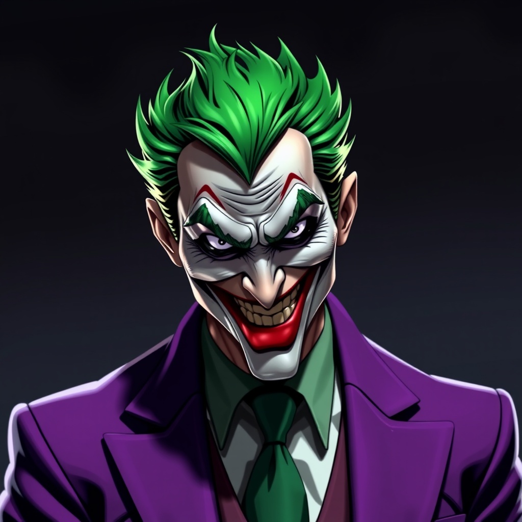 AI generated image by FLUX.1-schnell: DC the joker with short green hair wearing a purple suit with an evil smile,