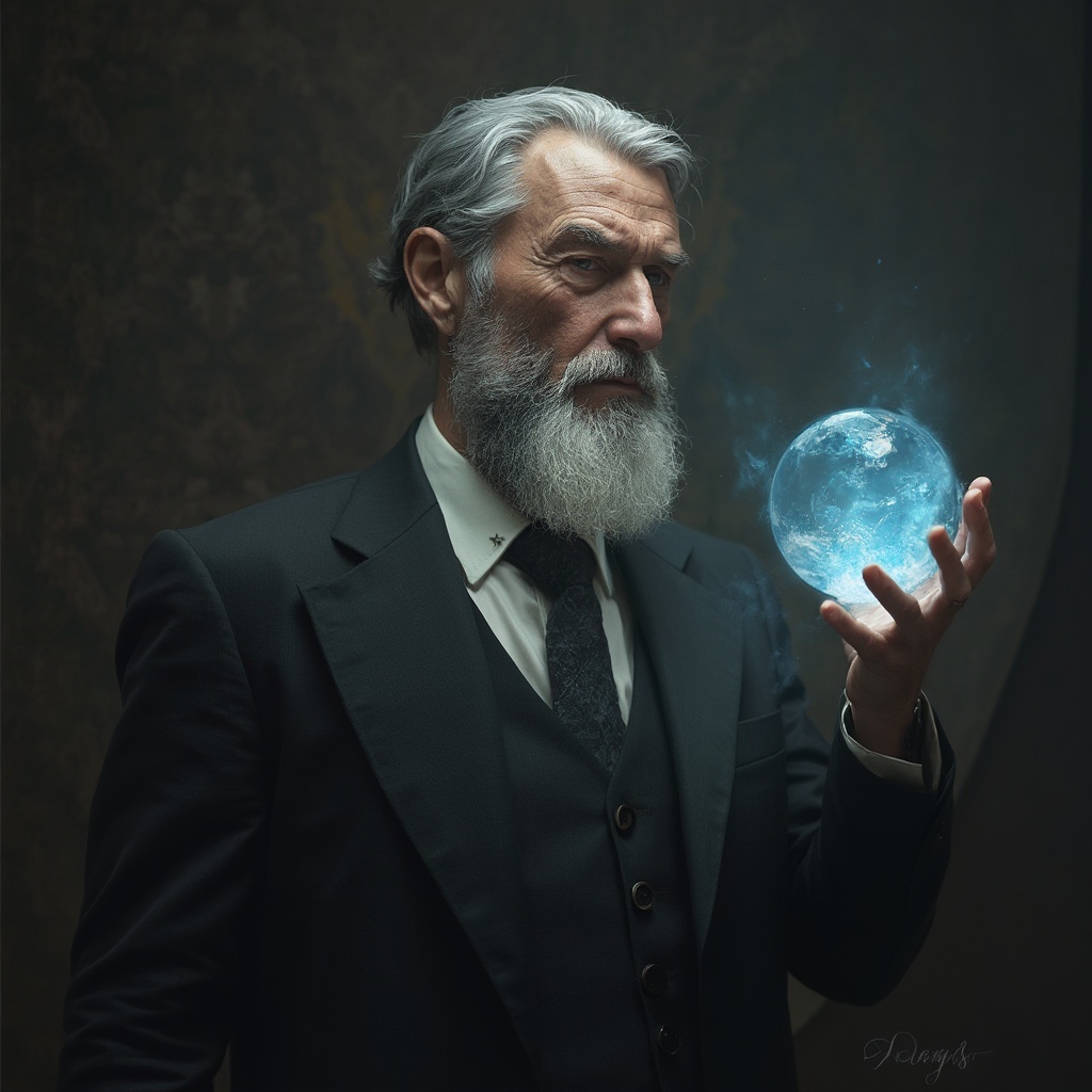 AI generated image by FLUX-Realism-Lora: brutal grey-haired man in an office suit Holding a crystal ball in his hand