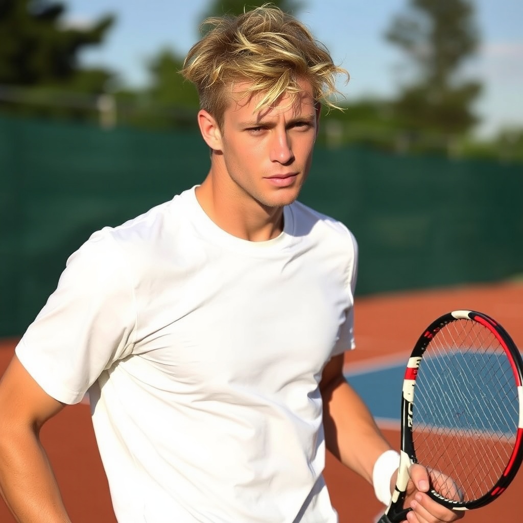 AI generated image by FLUX.1-schnell: garçon blond de huit ans jouant au tennis torse nu