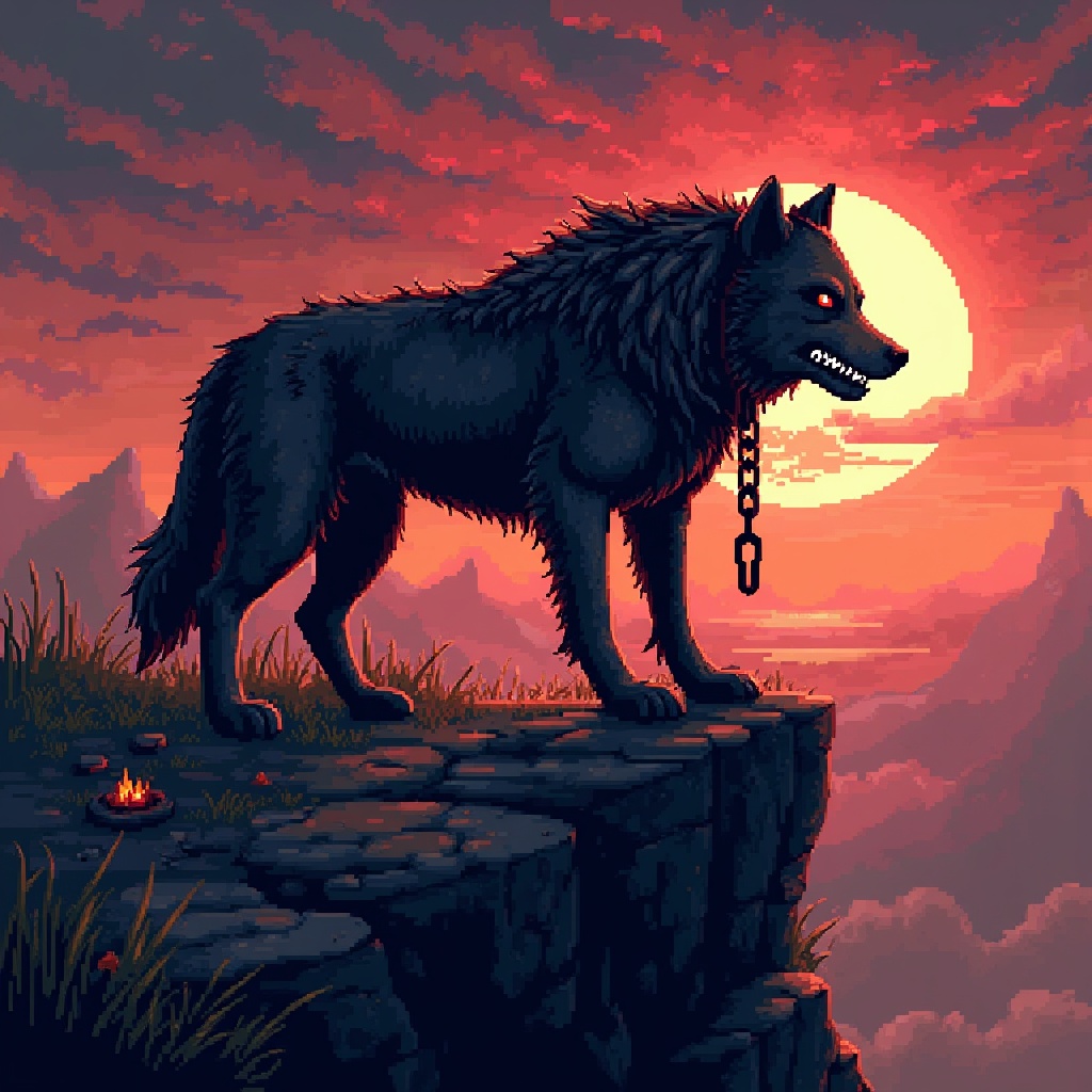 AI generated image by FLUX.1: "A massive, battle-scarred dire wolf stands atop a crumbling cliff beneath a blood-red sunset, its fur dark and matted, streaked with scars and hints of silver. One glowing eye peers out from beneath a torn leather helm, the other hidden behind a jagged scar. A broken chain hangs loosely from its neck, hinting at a violent past and a master it chose instead of served. Its stance is low, teeth bared, muscles coiled — ready to strike for its chosen companion. The wind howls through pixelated grass, and ashes drift across the scene, lit by the dim flicker of a ruined campfire.
Rendered in a retro, 16-bit pixel art style, the scene is drenched in grainy textures, visible CRT scan lines, and soft pixel bloom that clings to glowing embers and the dire wolf’s breath in the cold night air. The style evokes the gritty tension of a forgotten SNES-era dark fantasy game — a lost companion you’d never leave behind, no matter the odds. Fierce. Loyal. Unbreakable."