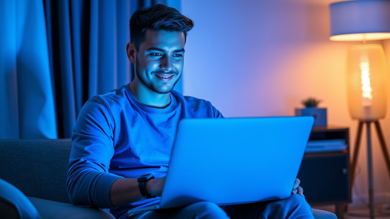AI generated image by FLUX.1-schnell: A single young man sitting in a cozy room, working in front of a laptop. Inside the laptop area, there is a coffee cup placed beside it. The room is lit with a blue inspired blue light that creates an inspiring and motivational vibe. The man has a slight, confident smile on his face, wearing modern, casual clothes and a stylish wristwatch. The setting reflects day time work energy, quiet focus, and startup hustle. Calibrate the victory of joy "