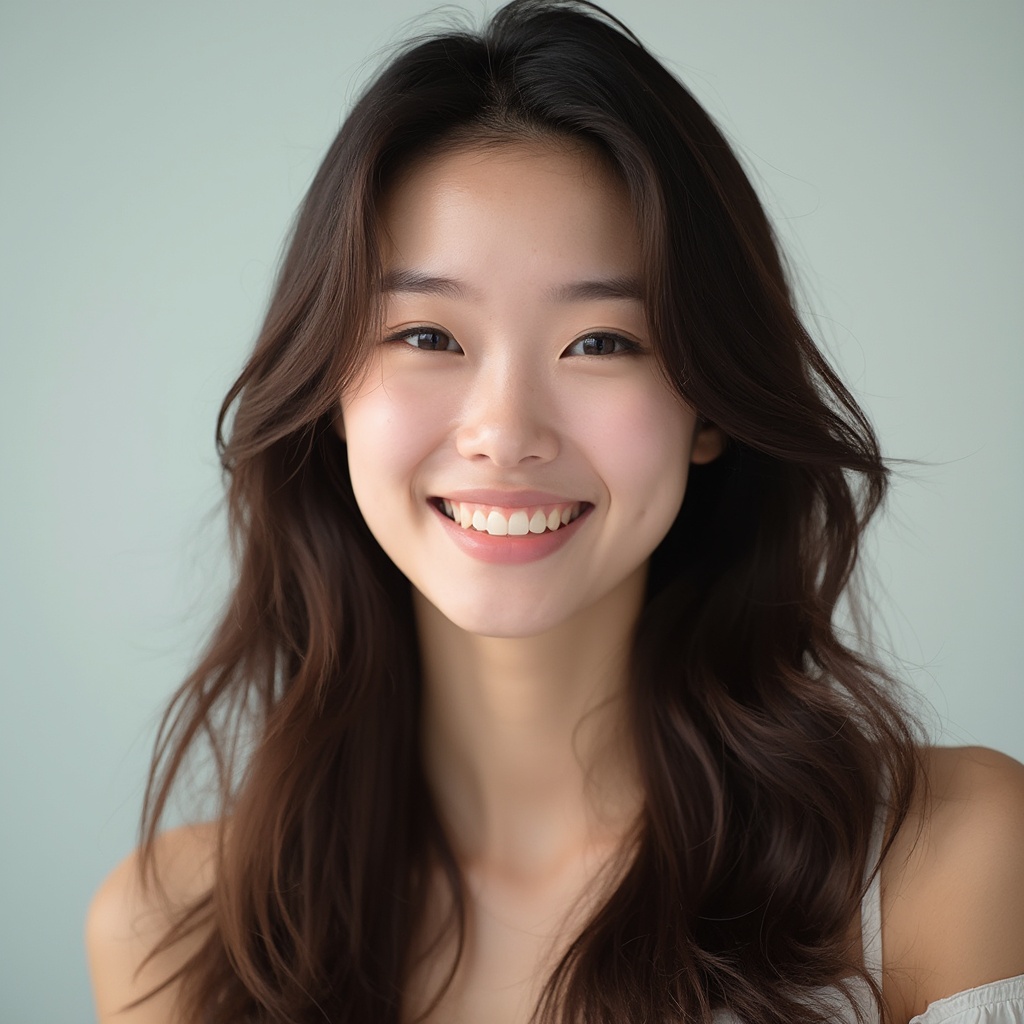 AI generated image by FLUX-Realism-Lora: An Asian female model, long brown hair, real shooting, smiling to the camera, showing a natural expression, commercial shooting style, the overall bias towards bright colors, simple background