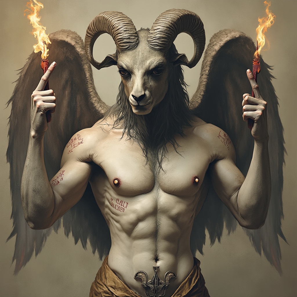 AI generated image by FLUX-Realism-Lora: A hyper-realistic portrayal of Eliphas Levi’s Baphomet, maintaining every iconic element of the original illustration. The figure has a goat’s head with detailed, lifelike textures (fur, subtle wrinkles, and expressive eyes), large, symmetrical horns curving upward, and a flaming torch or candle emerging from the crown. On the figure’s forearms, the inscriptions “SOLVE” and “COAGULA” are clearly visible in old, etched lettering.
The body is androgynous yet unmistakably feminine, featuring large, realistic breasts and a partially uncovered torso, while retaining a muscular, somewhat androgynous build overall. The figure’s hands and arms are posed exactly as in Eliphas Levi’s drawing (one pointing upward, the other downward) to emphasize duality.
The figure has feathered wings extending from its back, detailed down to individual feathers. A caduceus or intertwined serpents symbol rests at the navel, following the original composition. The lower portion of the body is covered loosely by a cloth or drape, matching the classic pose.
Skin and fur textures are lifelike, highlighting pores, fine hairs, and natural color variations. Keep the overall aesthetic faithful to the original Baphomet drawing—no additional costumes, backgrounds, or extraneous details—while rendering the character in a photorealistic style with dramatic, focused lighting that reveals subtle muscle tone, texture, and shape, ensuring it appears like a real creature captured in the same pose as Eliphas Levi’s depiction.