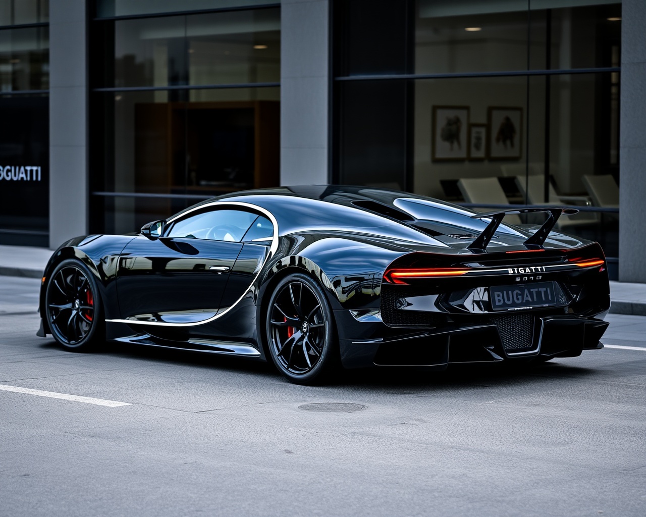 AI generated image by FLUX.1-schnell: BLACK glossy Bugatti chiron pur sport