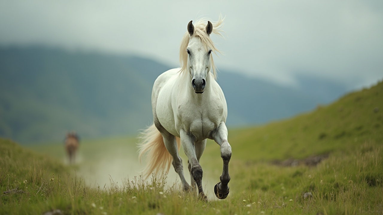 AI generated image by FLUX-Realism-Lora: un caballo blanco galopando, la imagen se muestra al caballo de frente, fondo de cesped verde y unas montañas, realista, imagen completa