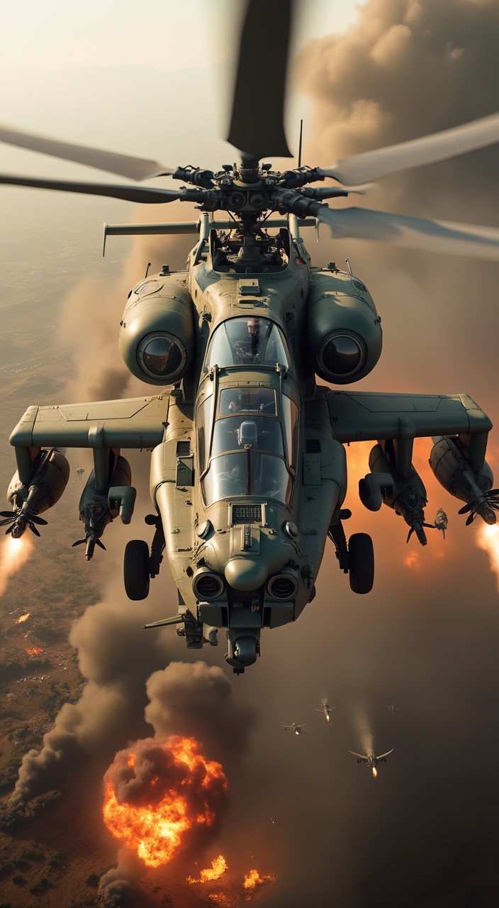 AI generated image by FLUX.1-pro: A 4k cinematic shot of a combat helicopter launching into the air, firing missiles at ground targets. The helicopter's cockpit is shown in the beginning with the pilot's intense focus and determination. The background reveals a war-torn landscape with explosions and enemy combatants. The sound of roaring engines and an epic orchestral score can be heard. The ambience features a rush of wind, smoke billowing around, and a dynamic, ever-changing battlefield.