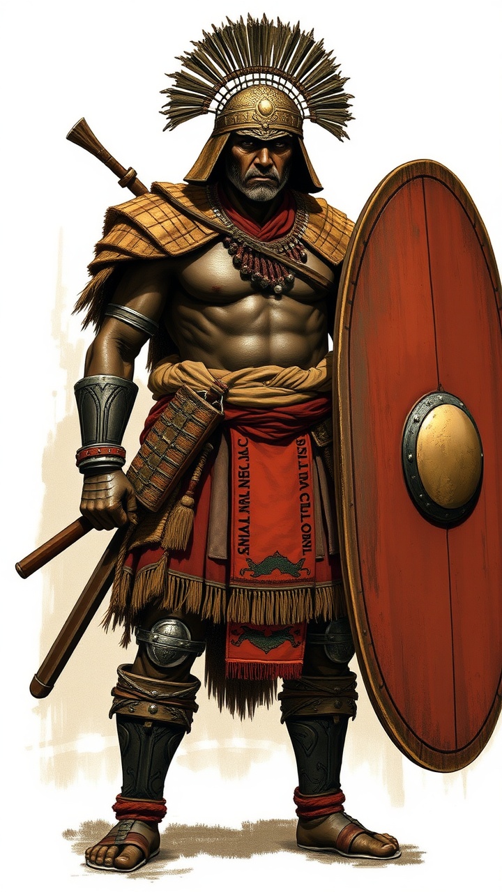 AI generated image by FLUX.1-schnell: A Japanese warrior stands tall, wearing traditional Shaka Zulu clothing. They hold a large African shield, ready for battle.