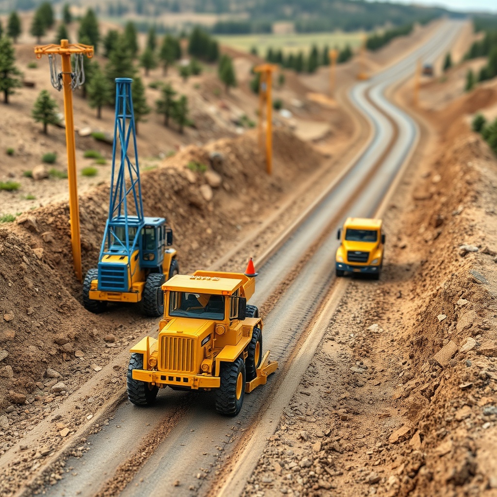 AI generated image by FLUX.1-schnell: large scale road construction with blue equipments
