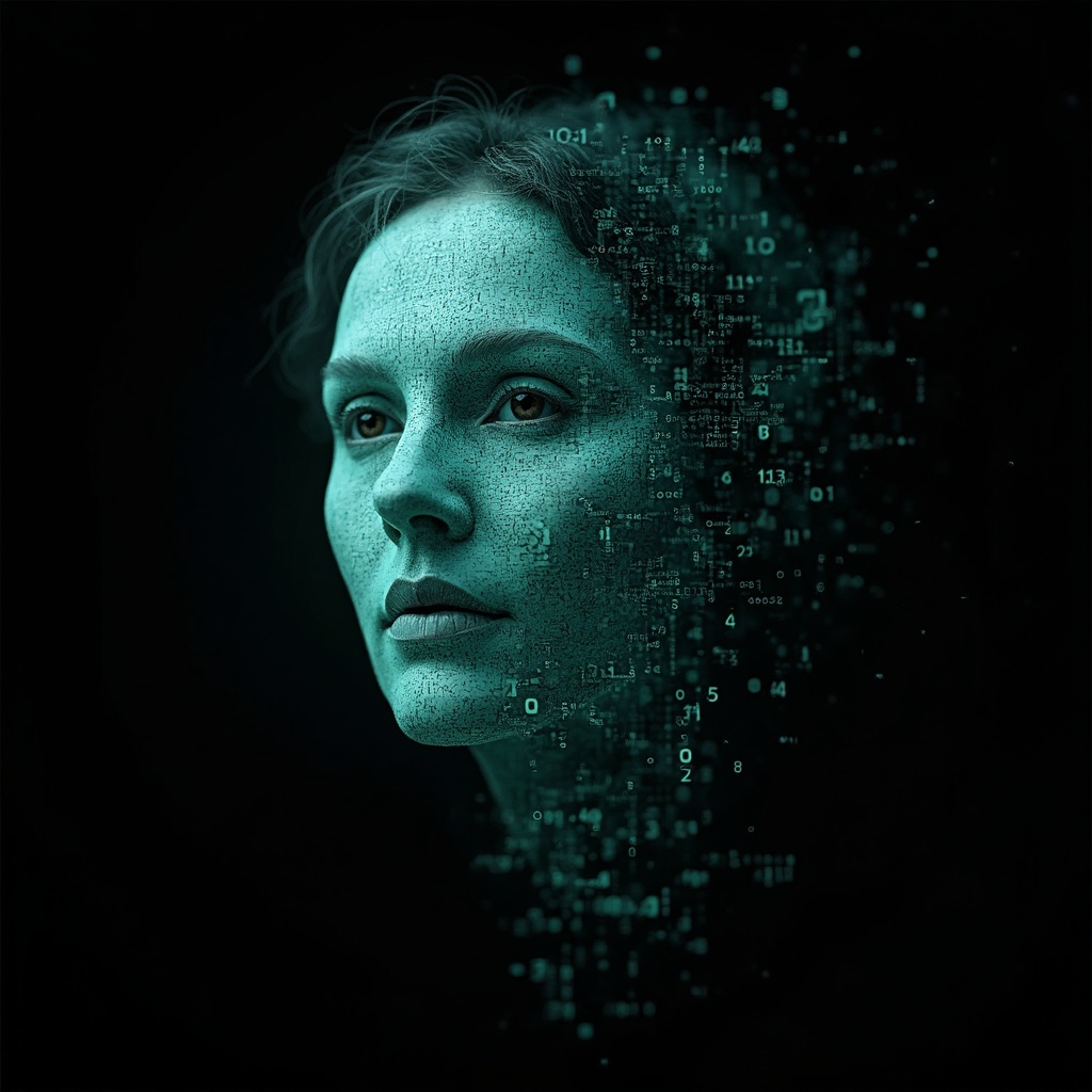 AI generated image by FLUX-Realism-Lora: Ada Lovelace's face as a digital mask made from thousands of turquoise numbers and formulas forming his face. the formulas and numbers fly behind the mask leaving a trail of complexity. the mask is floating dynamically in mid air. his head is turned to the right but his eyes are looking directly into the camera. the mask is on a black background. like a png with black only background. photo realistic, sci-fi, human features hair