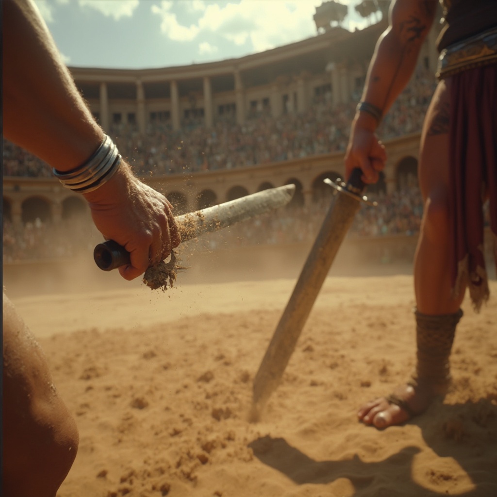 AI generated image by FLUX-Realism-Lora:
"Ultra-realistic, 8K, cinematic first-person perspective during a gladiator battle in a Roman arena. The view is through the character’s own eyes, with strong, weathered hands gripping a sword tightly. Bare feet are visible on the sandy ground, with dust and dirt kicking up around them. The angle must strictly remain in first-person, avoiding any third-person or wide-angle shots. The intensity of the scene is captured with the sword in motion, blurred crowds in the background, and the harsh natural sunlight casting sharp shadows. HDR lighting highlights every gritty detail, delivering a truly immersive and dynamic perspective."