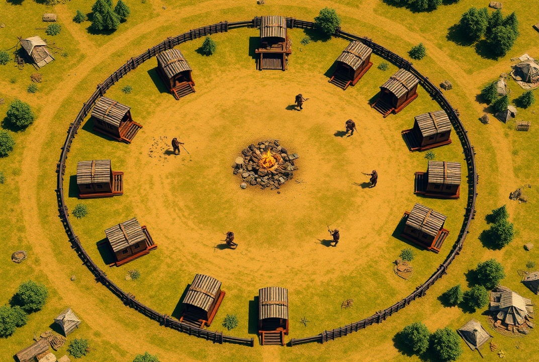 AI generated image by FLUX.1-schnell: Vibrant TTRPG BATTLEMAP that contains a circle of 9 wagons and makeshift horse pen. There is a central cooking fire and a number of tents. In the style of WOTC