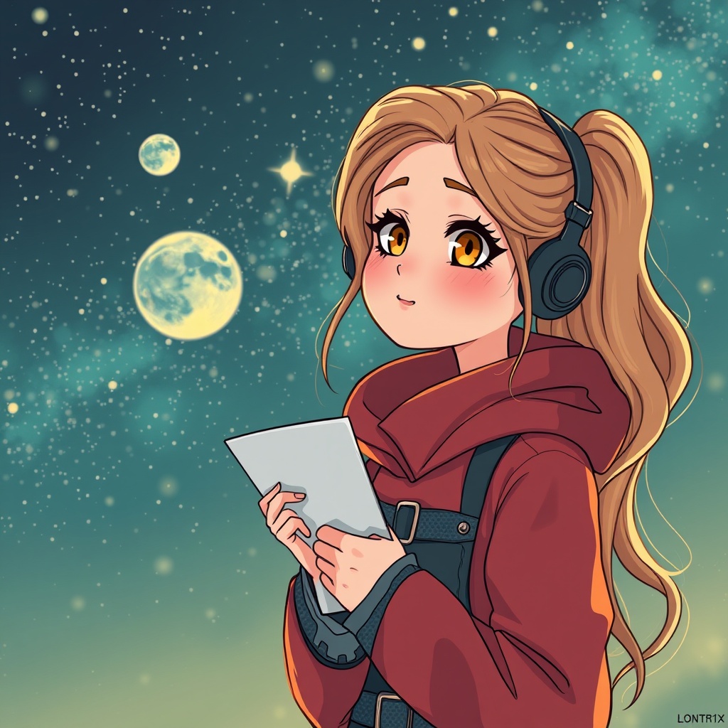AI generated image by FLUX.1-schnell: Красивая аниме девушка,на фоне космоса,девушка держит в руках листочек с надписью Lontr1x