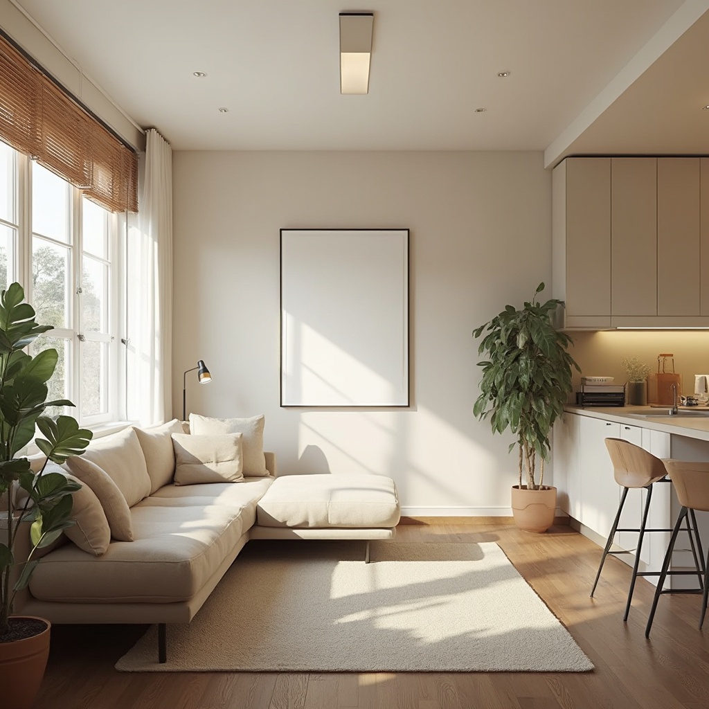 AI generated image by FLUX-Realism-Lora: A photorealistic image of a modern and minimalist studio apartment that combines a living room and kitchen. The apartment has a bright and airy atmosphere, characterized by clean lines and a neutral color palette. The walls are painted in an elegant beige hue, which creates a subtle but effective contrast with the dark wood flooring. The living area features a minimalist design with a beige sofa, a large plant, and a few decorative items. The kitchen is modern and functional, with a few appliances and a countertop with a few items. The room has a large white window with wooden venetian blinds. The blinds allow natural light to fill the room and can be used to control the lighting and privacy. The room has a few decorative items, including a potted plant and a few books on a shelf. The photo have to be angolar. The lamps are turn off. The lights are turn off.