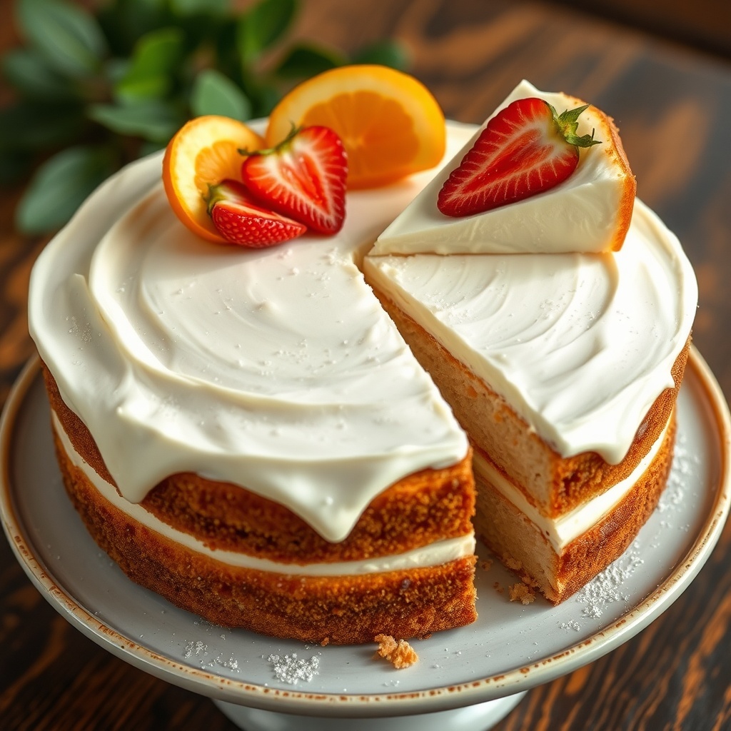 AI generated image by FLUX.1-schnell: Make a image of a cake with a cut of one pice of cake on right ride of image